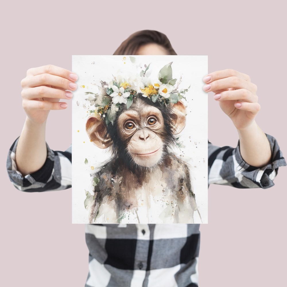 Watercolor Floral Monkey Portrait Wall Art Print Unframed - Playful Jungle Charm - Picture 4 of 6